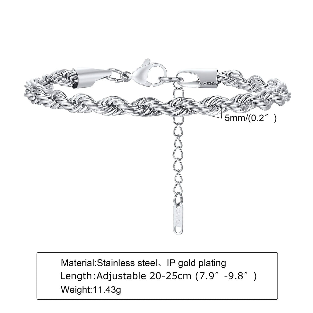 2-5MM Stainless Steel Rope Bracelets for Men Boys,Adjustable Gold Silver Color Links Wristband,Rock Punk Cool Jewelry Gift