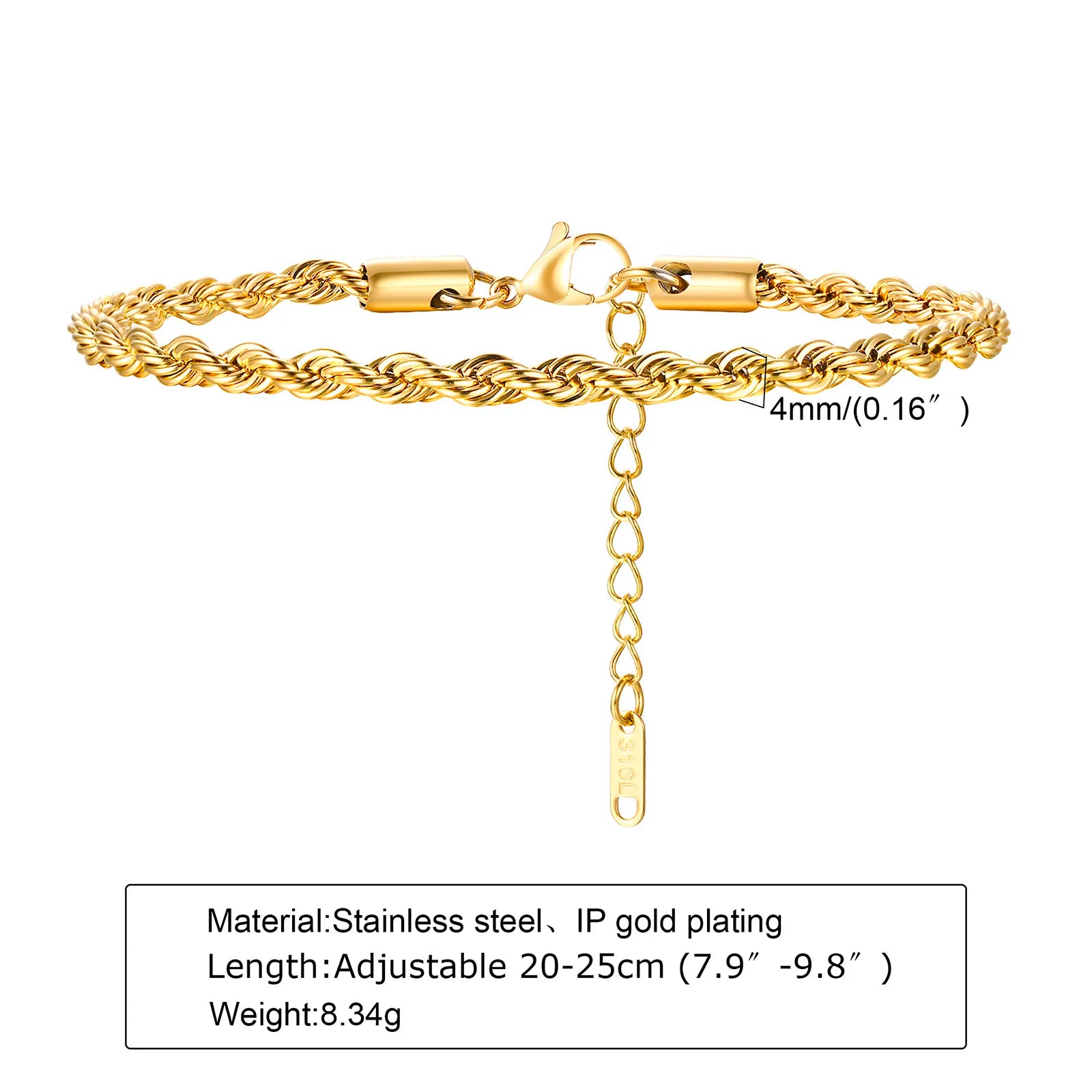 2-5MM Stainless Steel Rope Bracelets for Men Boys,Adjustable Gold Silver Color Links Wristband,Rock Punk Cool Jewelry Gift