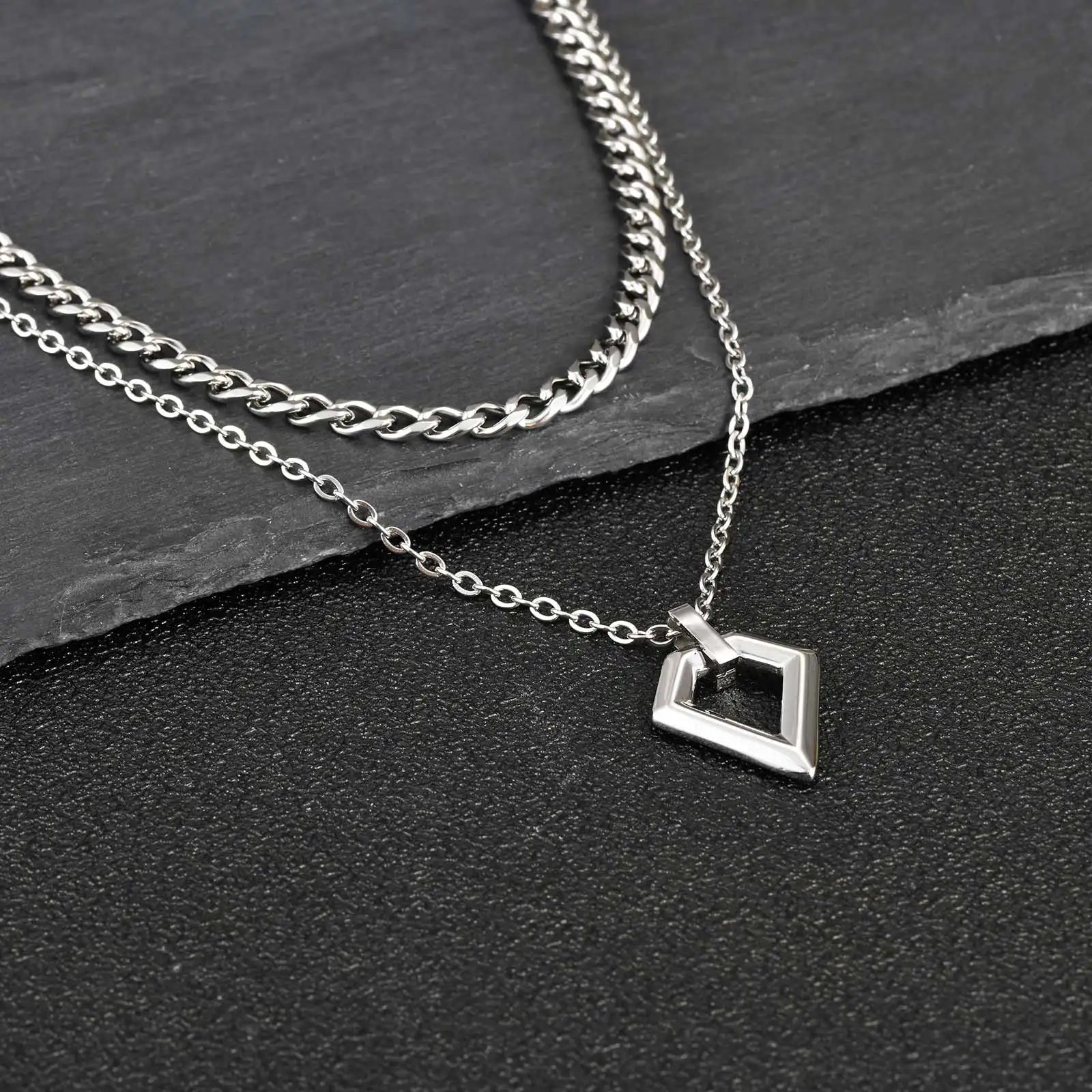 2pcs Casual Geometry Pendant Necklace for Men Women,Trendy Stainless Steel Layering Necklaces,Waterproof Small Pendant Gift