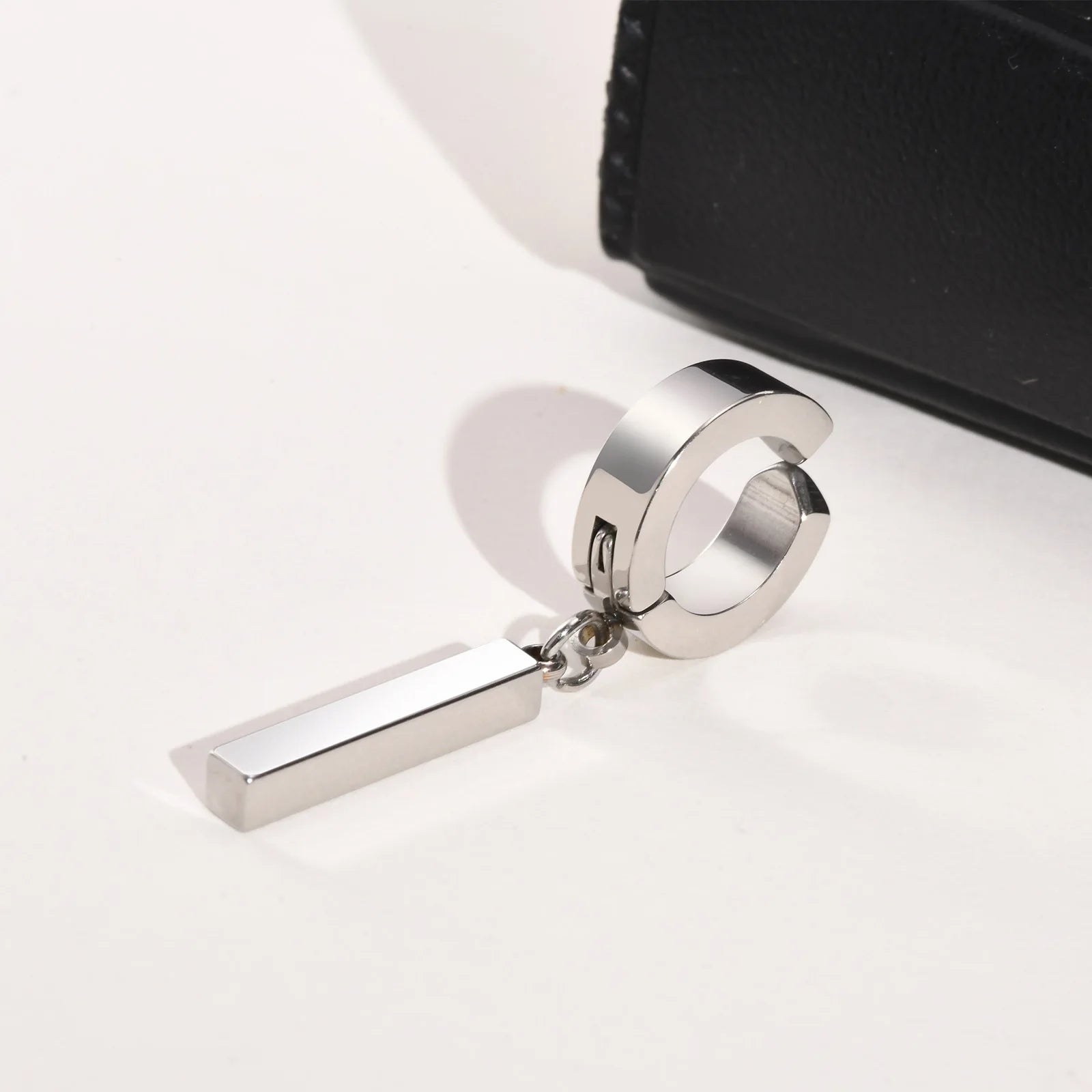 Men Simple 3D Bar Huggie Earrings Gift Jewelry, Waterproof Stainless Steel Solid Geometric Earrings No Piercing Accessory