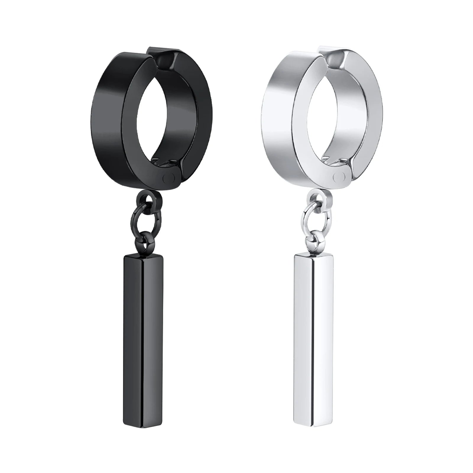 Men Simple 3D Bar Huggie Earrings Gift Jewelry, Waterproof Stainless Steel Solid Geometric Earrings No Piercing Accessory