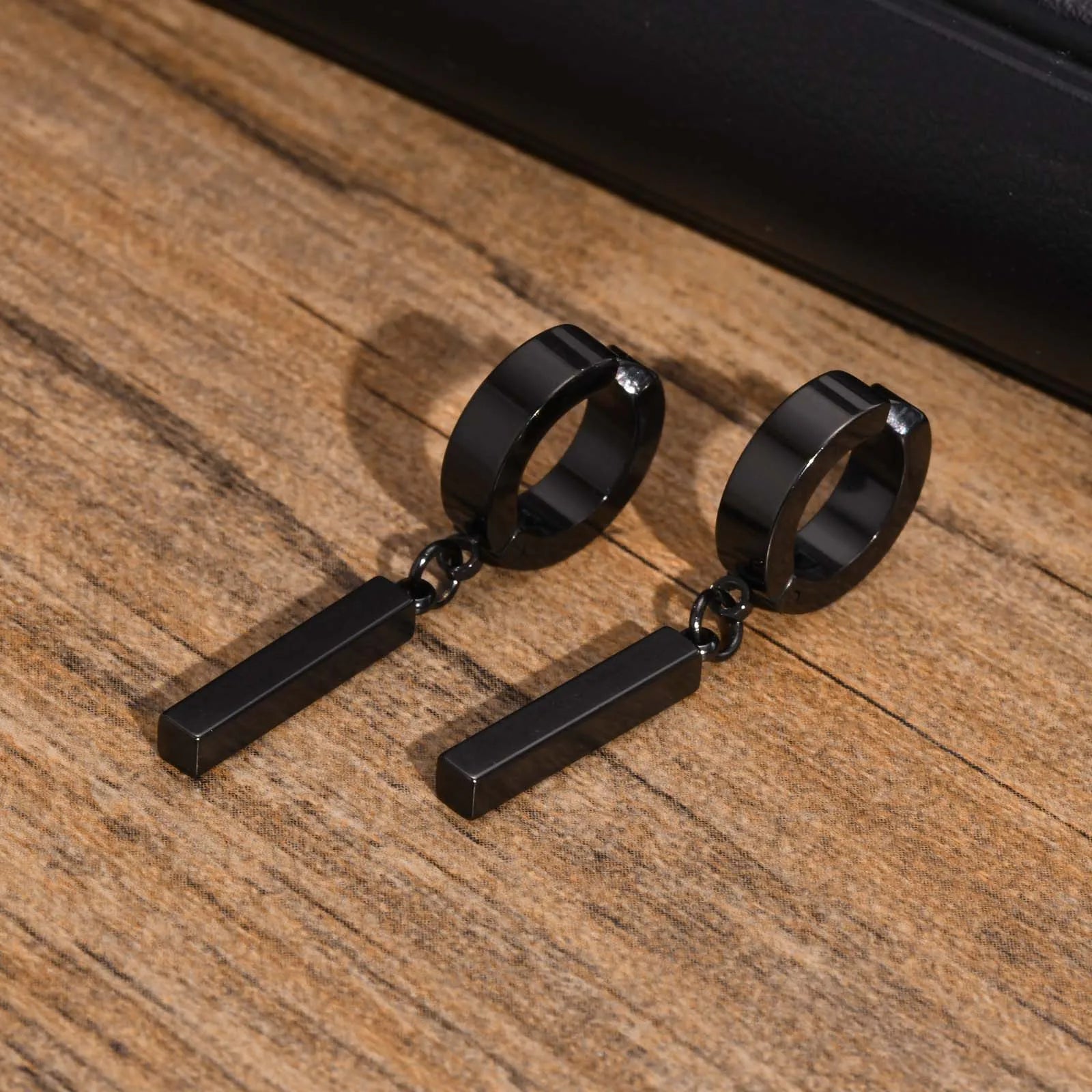 Men Simple 3D Bar Huggie Earrings Gift Jewelry, Waterproof Stainless Steel Solid Geometric Earrings No Piercing Accessory