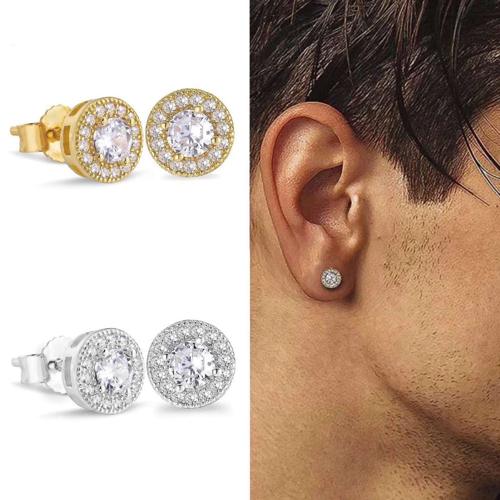 Men's Luxury CZ Stone Stud Earrings,Gold Color Metal Valentine's Father's Day Birthday Party Gift,bbrincos masculinos Jewelry