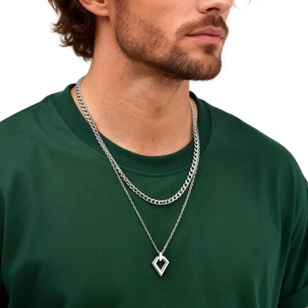 2pcs Casual Geometry Pendant Necklace for Men Women,Trendy Stainless Steel Layering Necklaces,Waterproof Small Pendant Gift