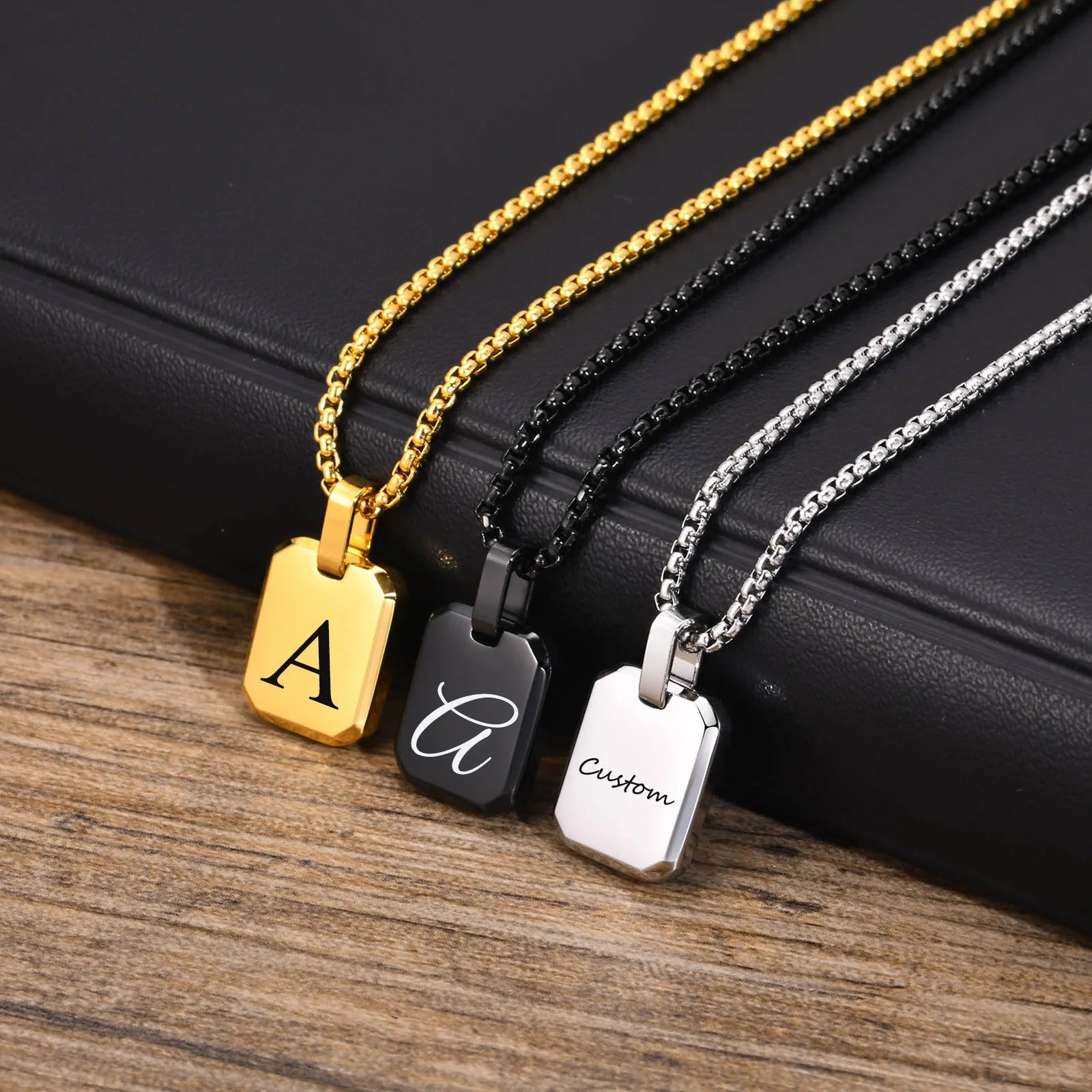 Free Custom Engraving Geometric Necklaces, Men's Waterproof Stainless Steel Square Pendant Collar with Box Chain
