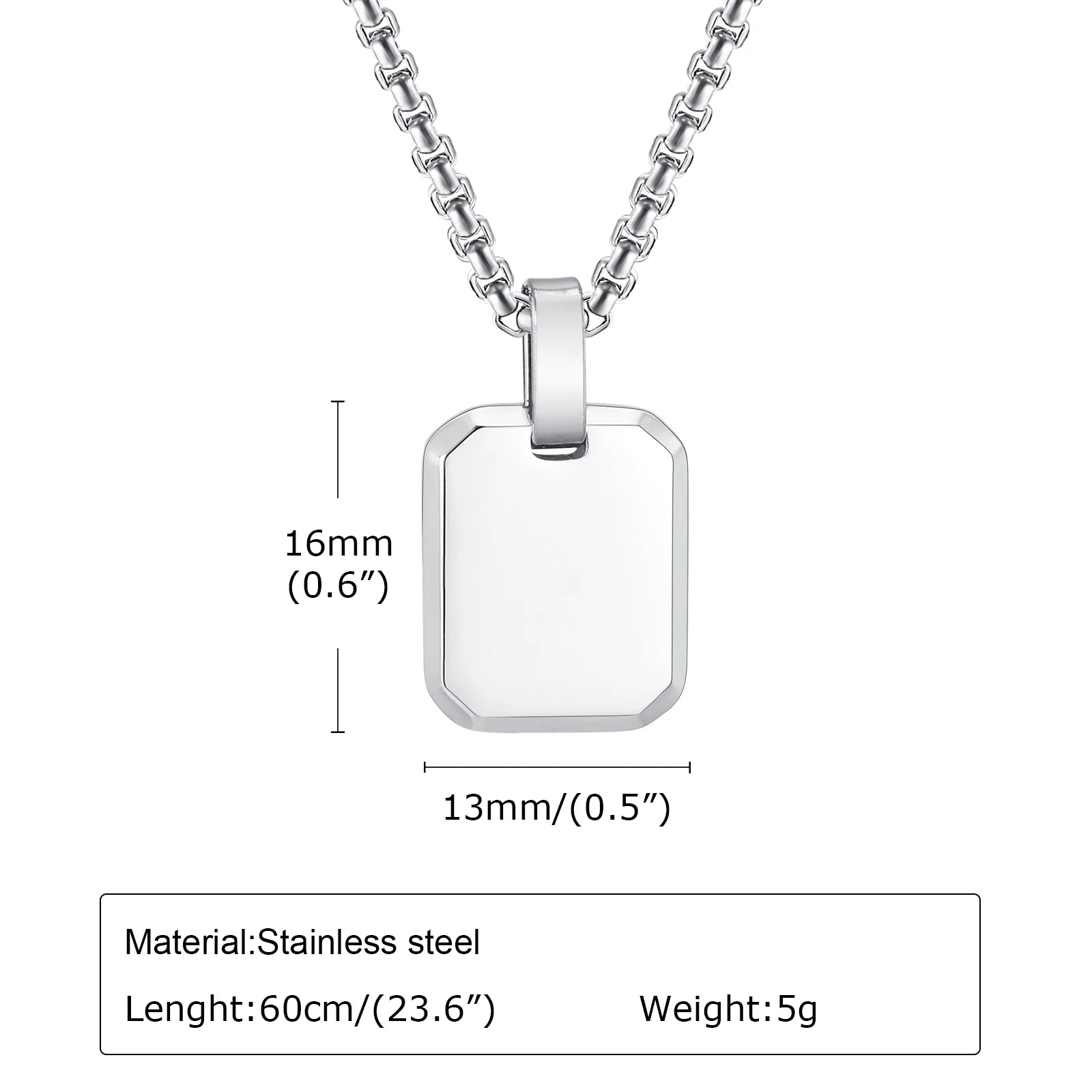 Free Custom Engraving Geometric Necklaces, Men's Waterproof Stainless Steel Square Pendant Collar with Box Chain