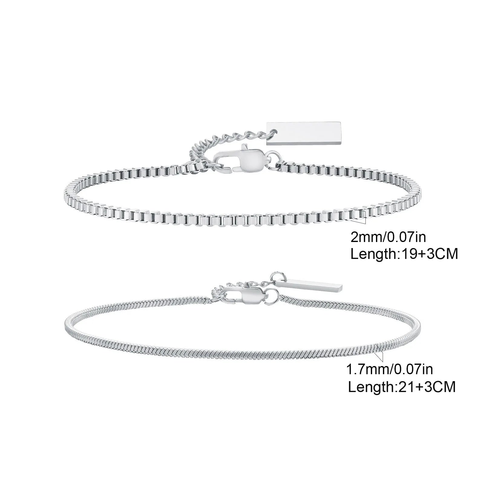 2pcs/set Simple Thin Chain Bracelets for Men,Square Box Chain Bracelet,Stainless Steel Jewelry Gift
