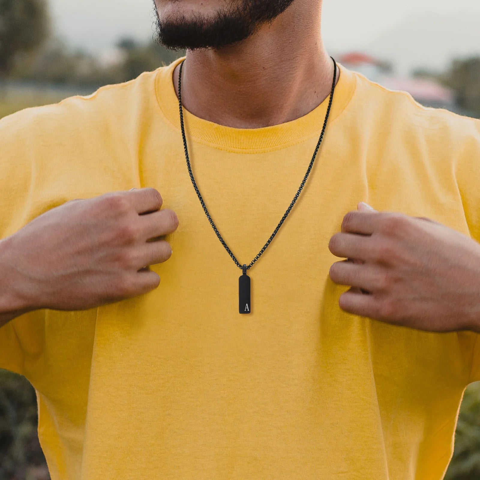 Initial Bar Mens Necklaces,Stainless Steel Vertical Geometric Pendant Collar with A-Z Letters,Casual Personalited Gift for Him