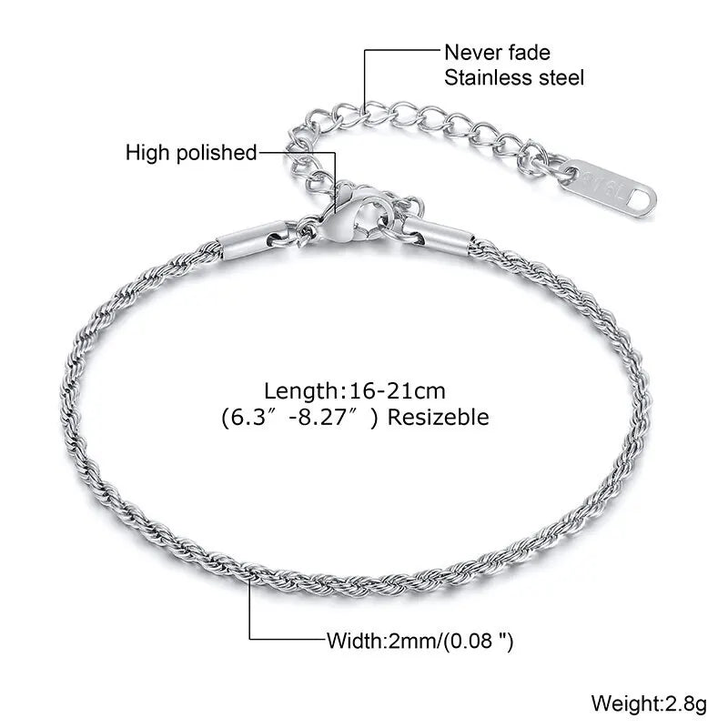 2-5MM Stainless Steel Rope Bracelets for Men Boys,Adjustable Gold Silver Color Links Wristband,Rock Punk Cool Jewelry Gift