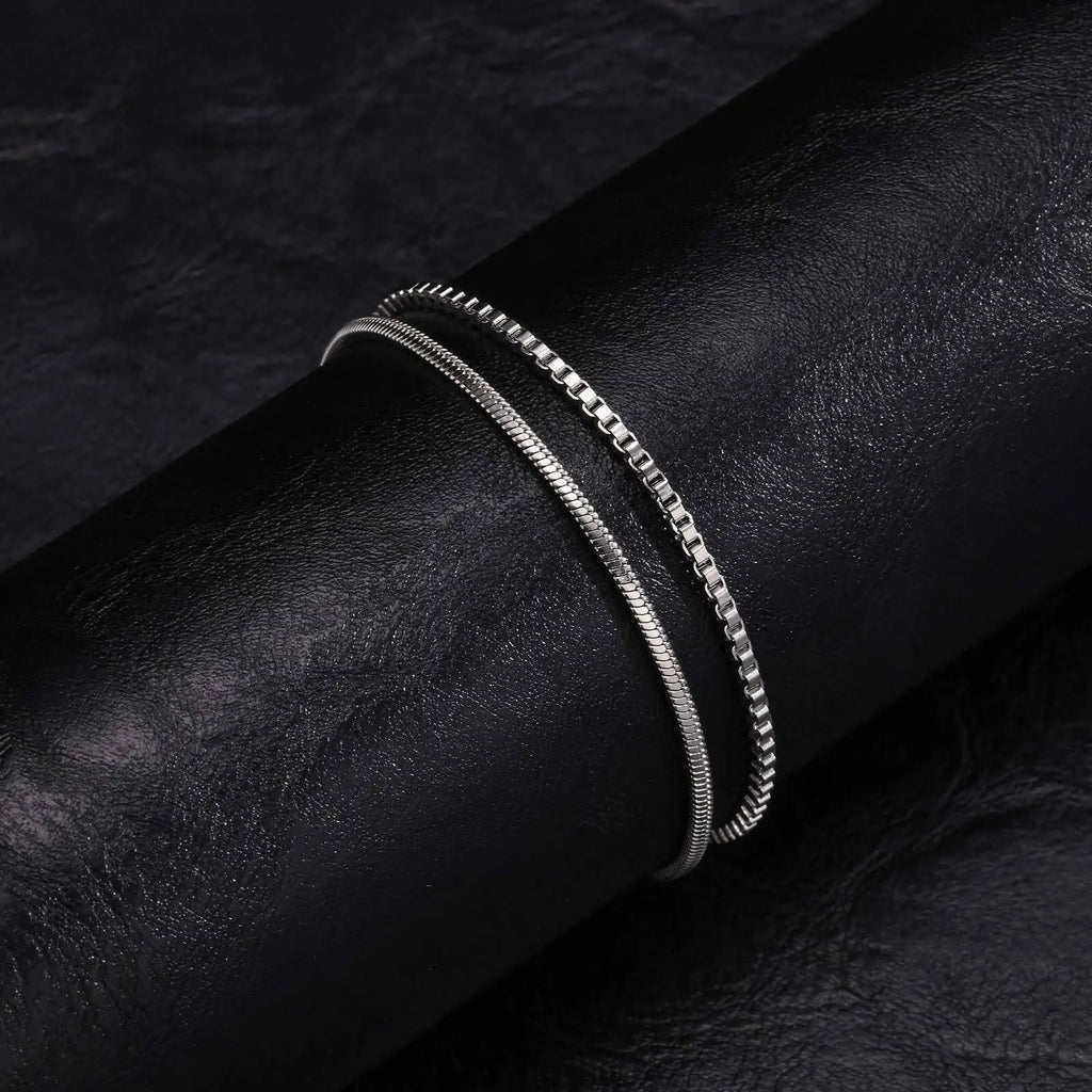 2pcs/set Simple Thin Chain Bracelets for Men,Square Box Chain Bracelet,Stainless Steel Jewelry Gift