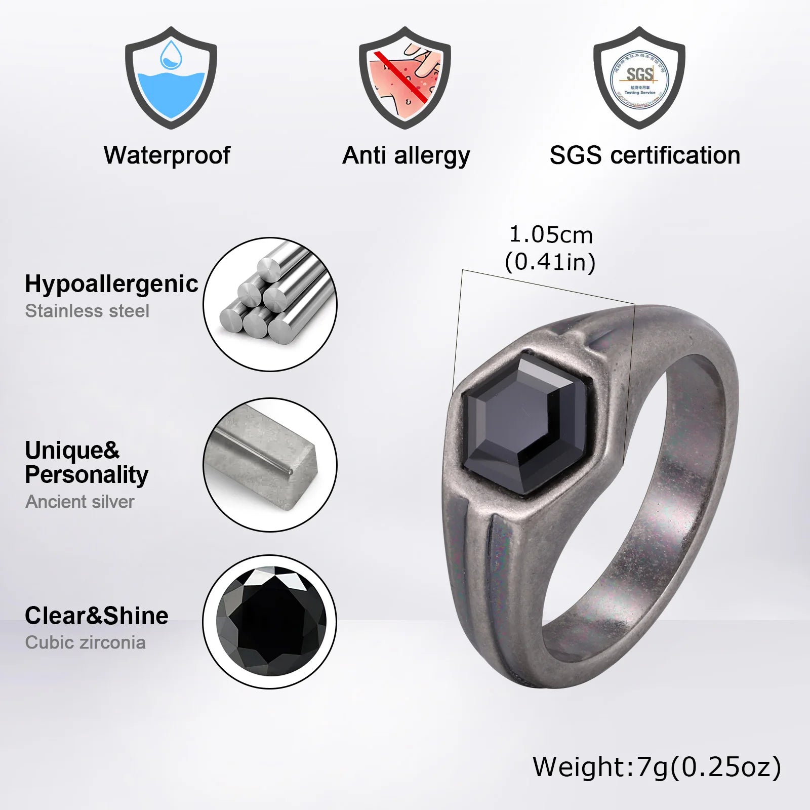 Hexagon Black Zircon Ring for Men, Stainless Steel Antique Silver Color Geometric Band,Punk Statement Jewelry Gift
