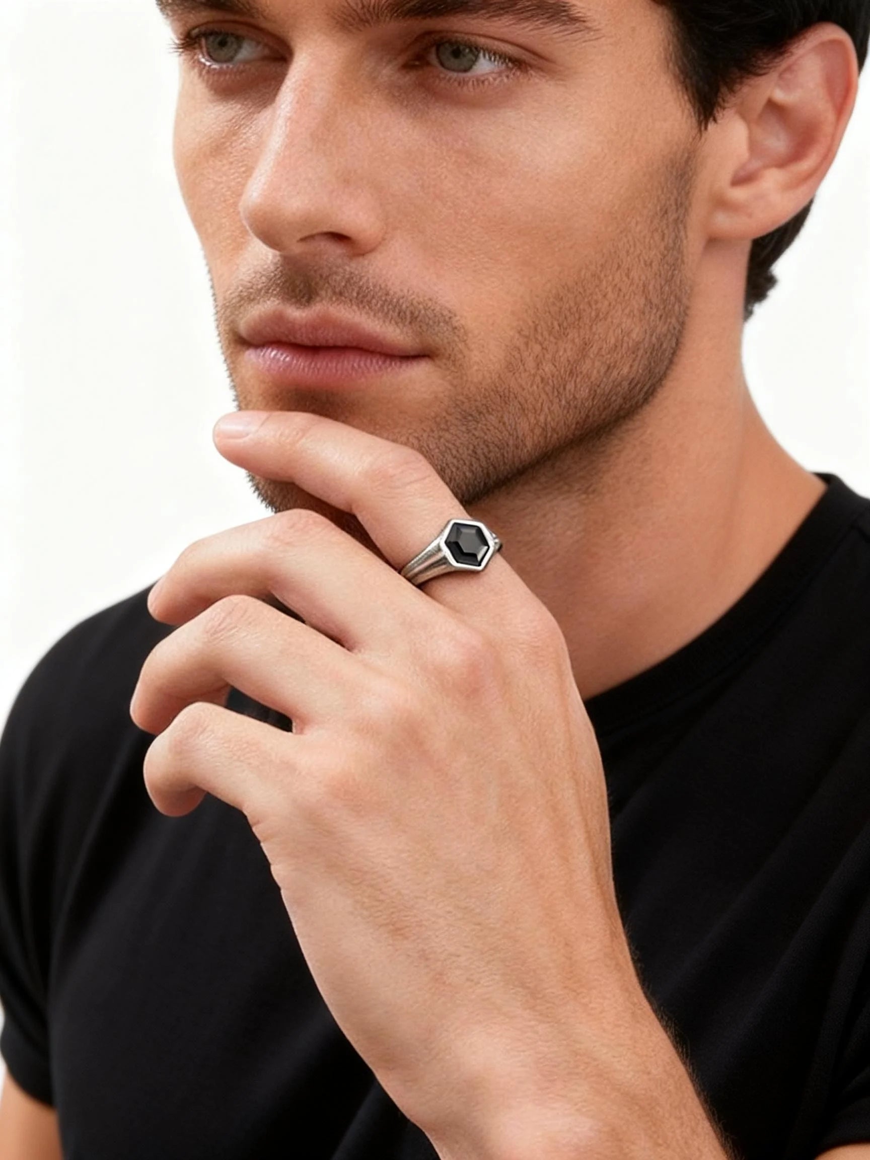 Hexagon Black Zircon Ring for Men, Stainless Steel Antique Silver Color Geometric Band,Punk Statement Jewelry Gift