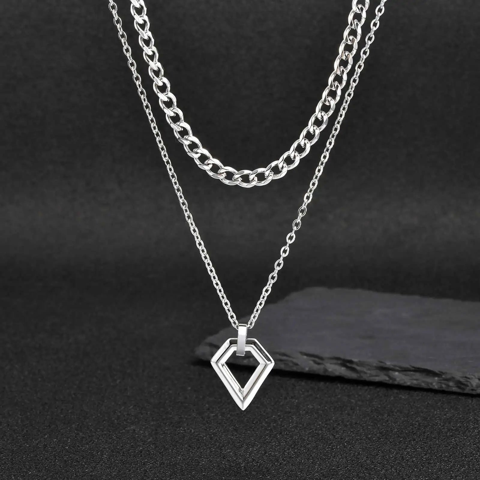 2pcs Casual Geometry Pendant Necklace for Men Women,Trendy Stainless Steel Layering Necklaces,Waterproof Small Pendant Gift