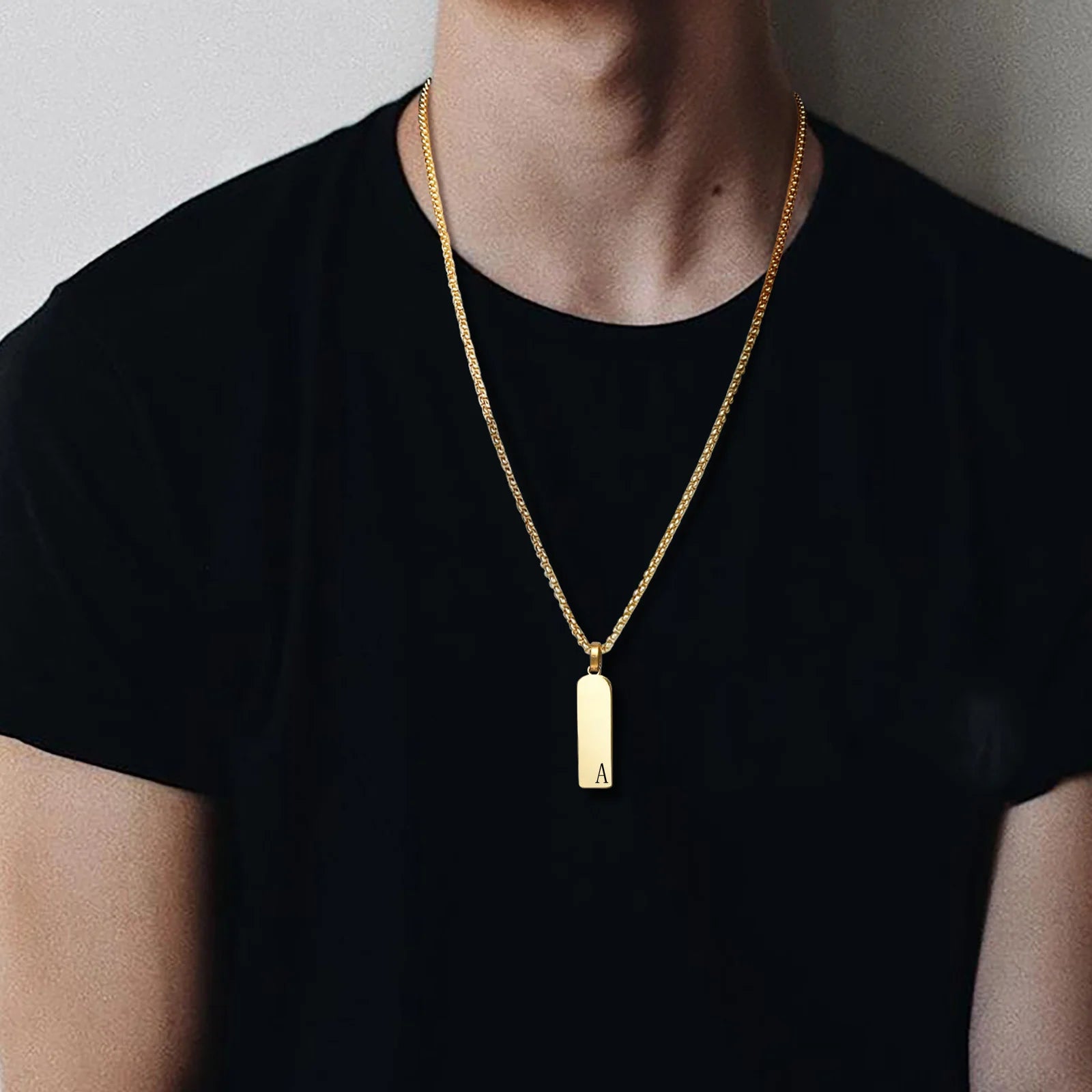 Initial Bar Mens Necklaces,Stainless Steel Vertical Geometric Pendant Collar with A-Z Letters,Casual Personalited Gift for Him